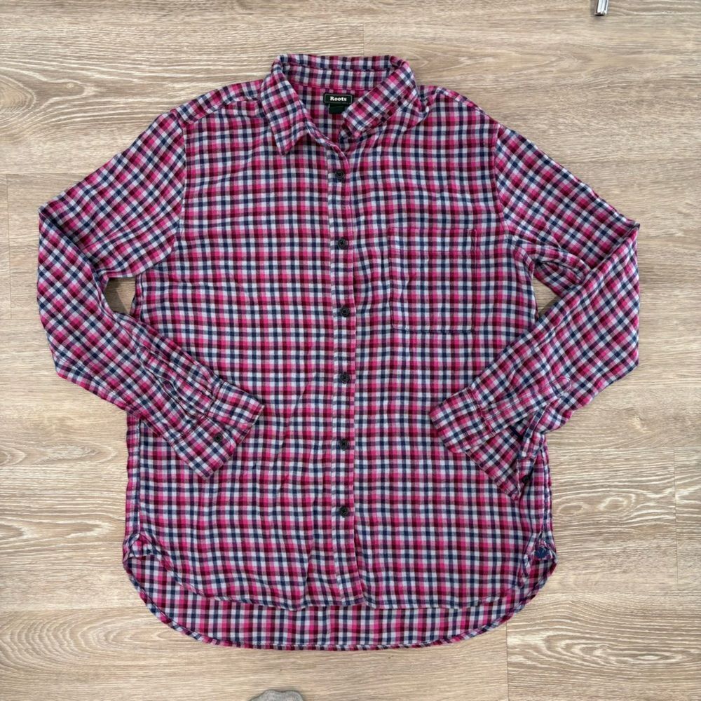 Roots Womens Flannel Purple blue plaid button up shirt cotton long sleeves sz S